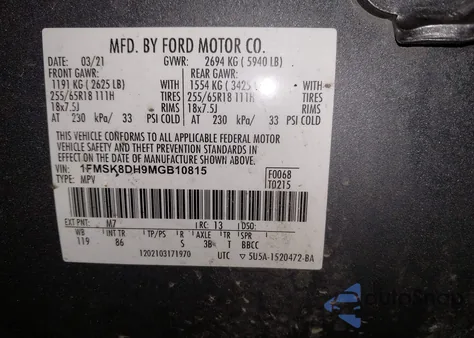 2021 Ford Explorer Xlt from USA, damaged, VIN 1FMSK8DH9MGB10815